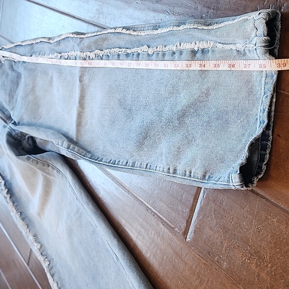 Lowrys Farm Cone Wide Straight High Waist Side Stripe Frey Hem Denim Blue Jeans - Picture 6 of 11
